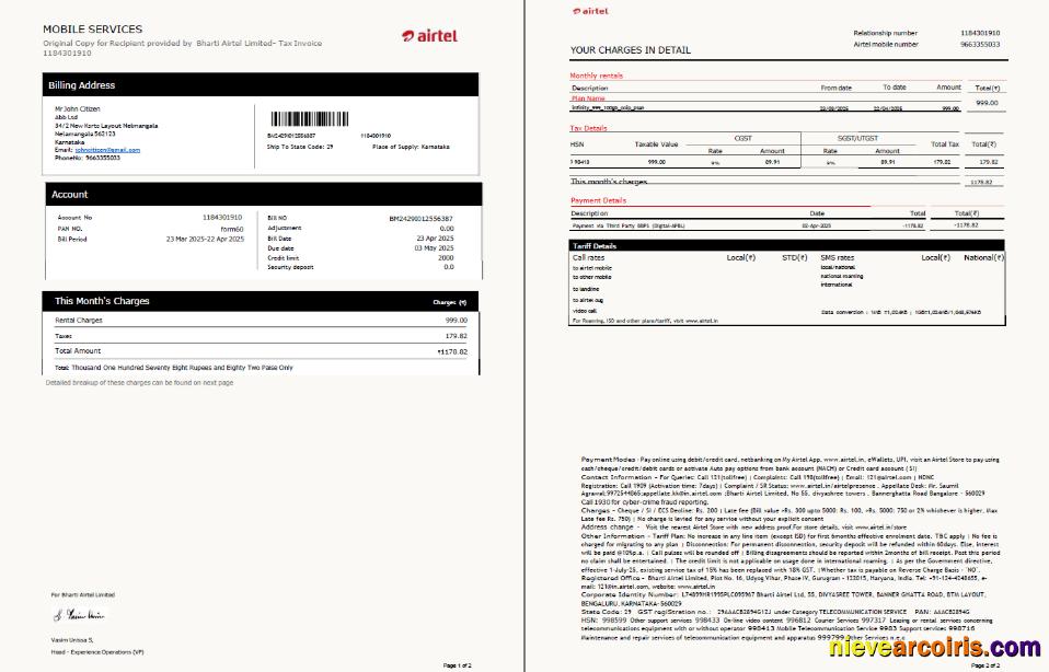 India airtel utility bill, 2 pages, version 3